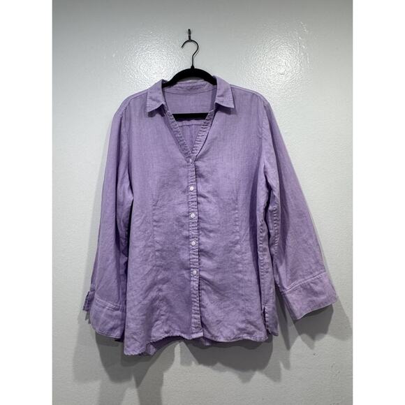 Foxcroft Tops - Foxcroft Linen Button Down Shirt Womens Lavender V-Neck Side Split Coastal READ